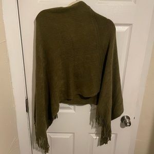 Olive green zip- up poncho sweater with fringe
